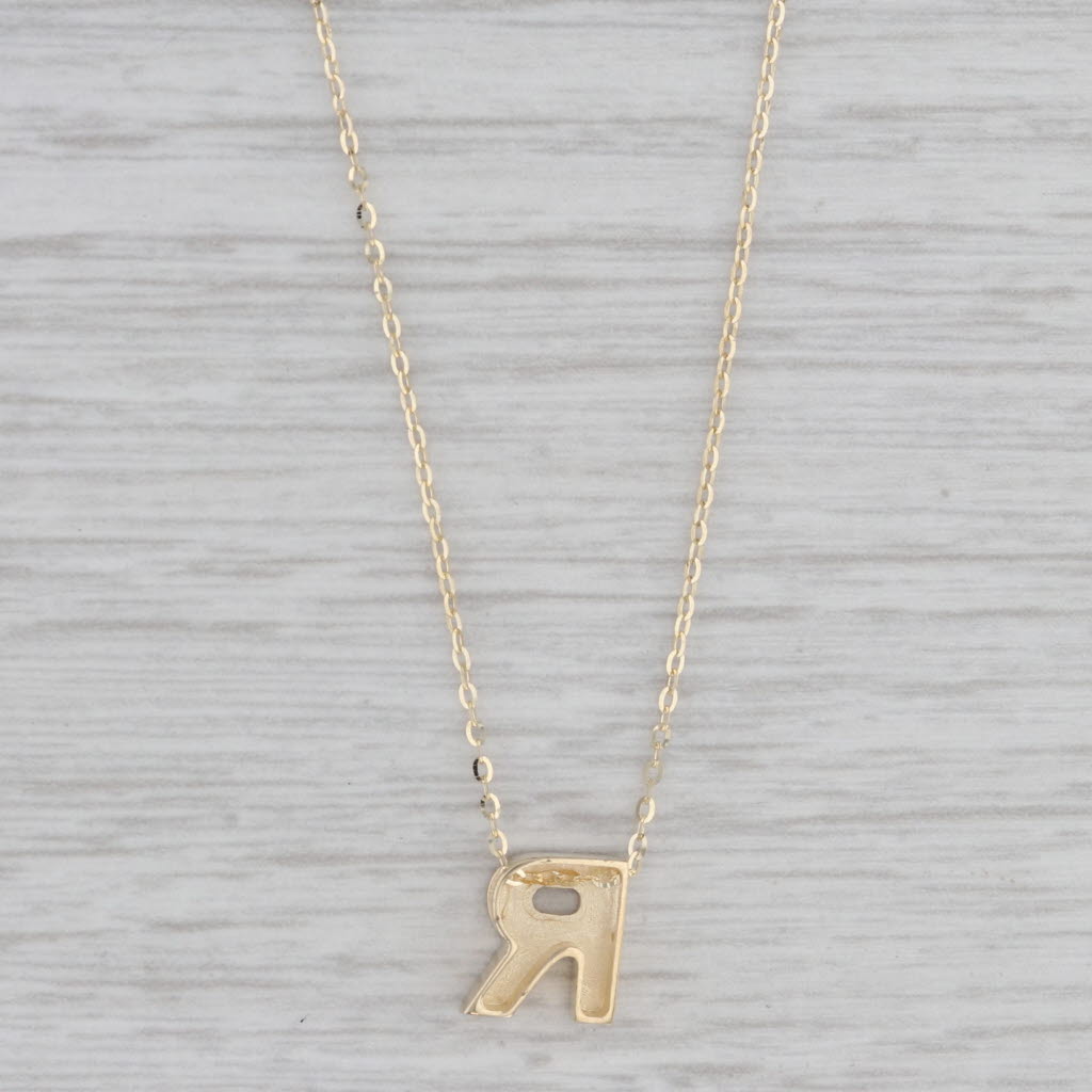 Gray Letter Initial "R" Pendant Necklace 14k Yellow Gold 16-18" Cable