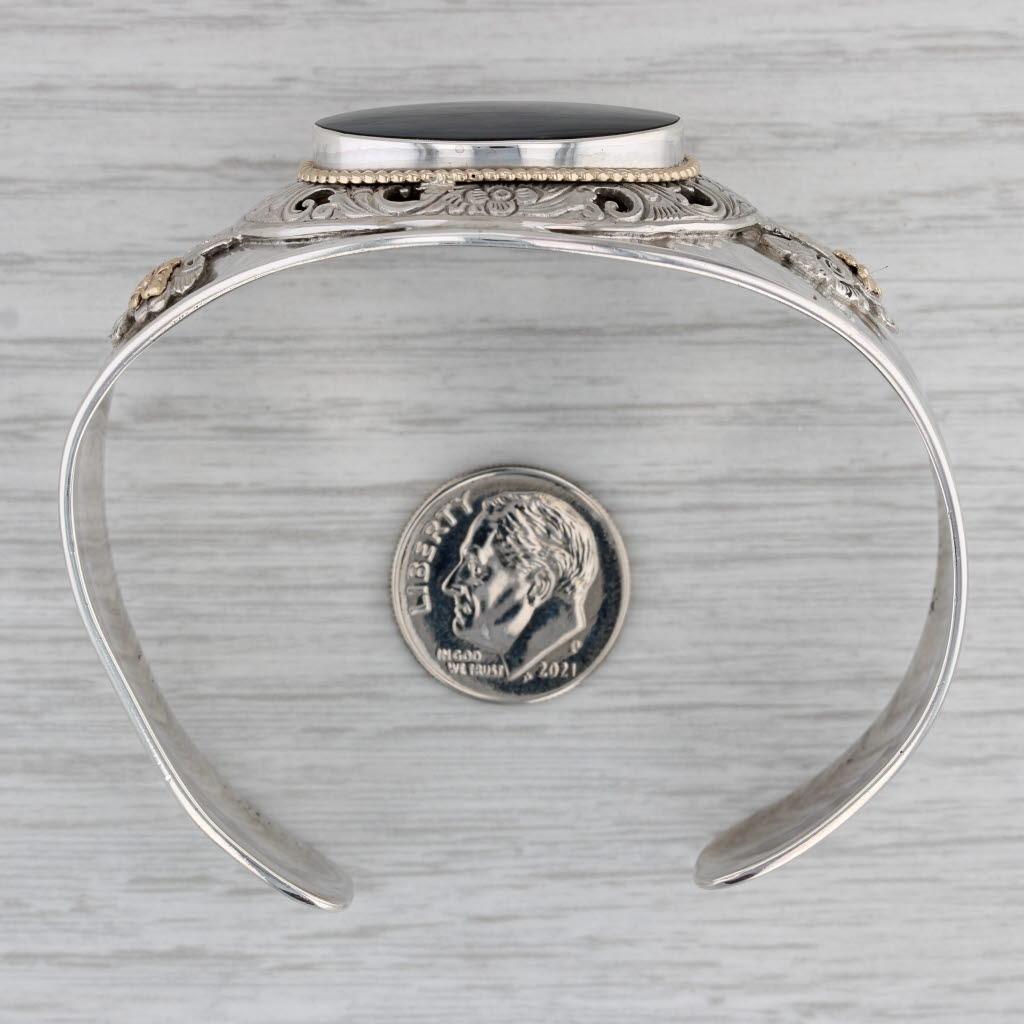 Gray Ornate Floral Abalone Shell Cuff Bracelet Sterling Silver 14k Gold Statement