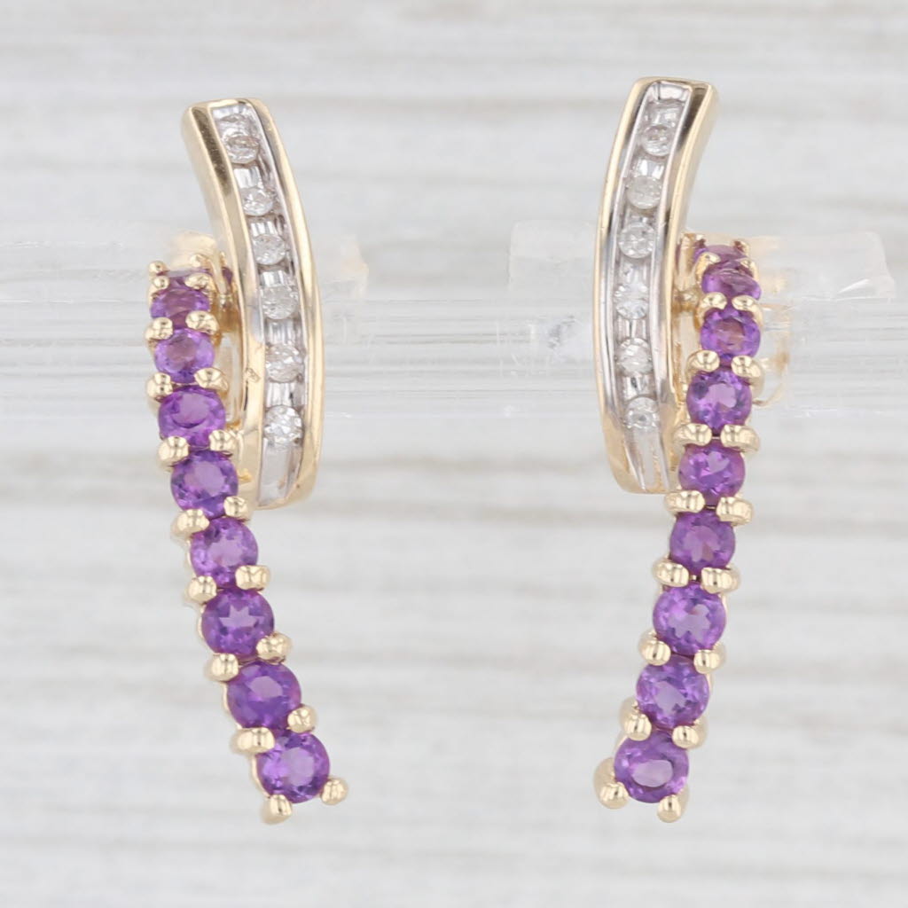 Light Gray 0.83ctw Amethyst Diamond Journey Drop Earrings 10k Yellow Gold