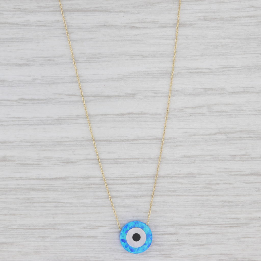 New All Seeing Eye Pendant Necklace 14k Gold Onyx Mother of Pearl 17.25"