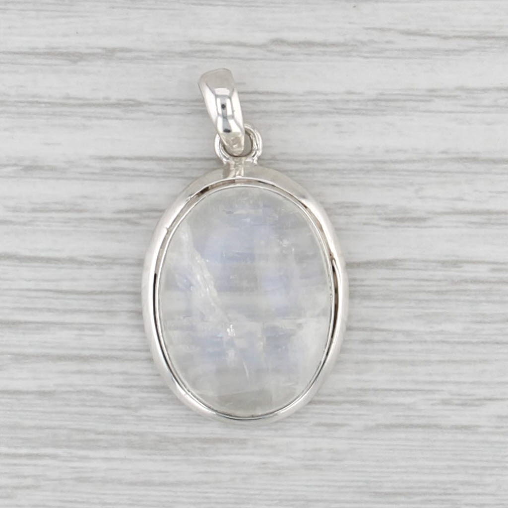 Blue Flash Moonstone Pendant Sterling Silver Oval Cabochon Statement