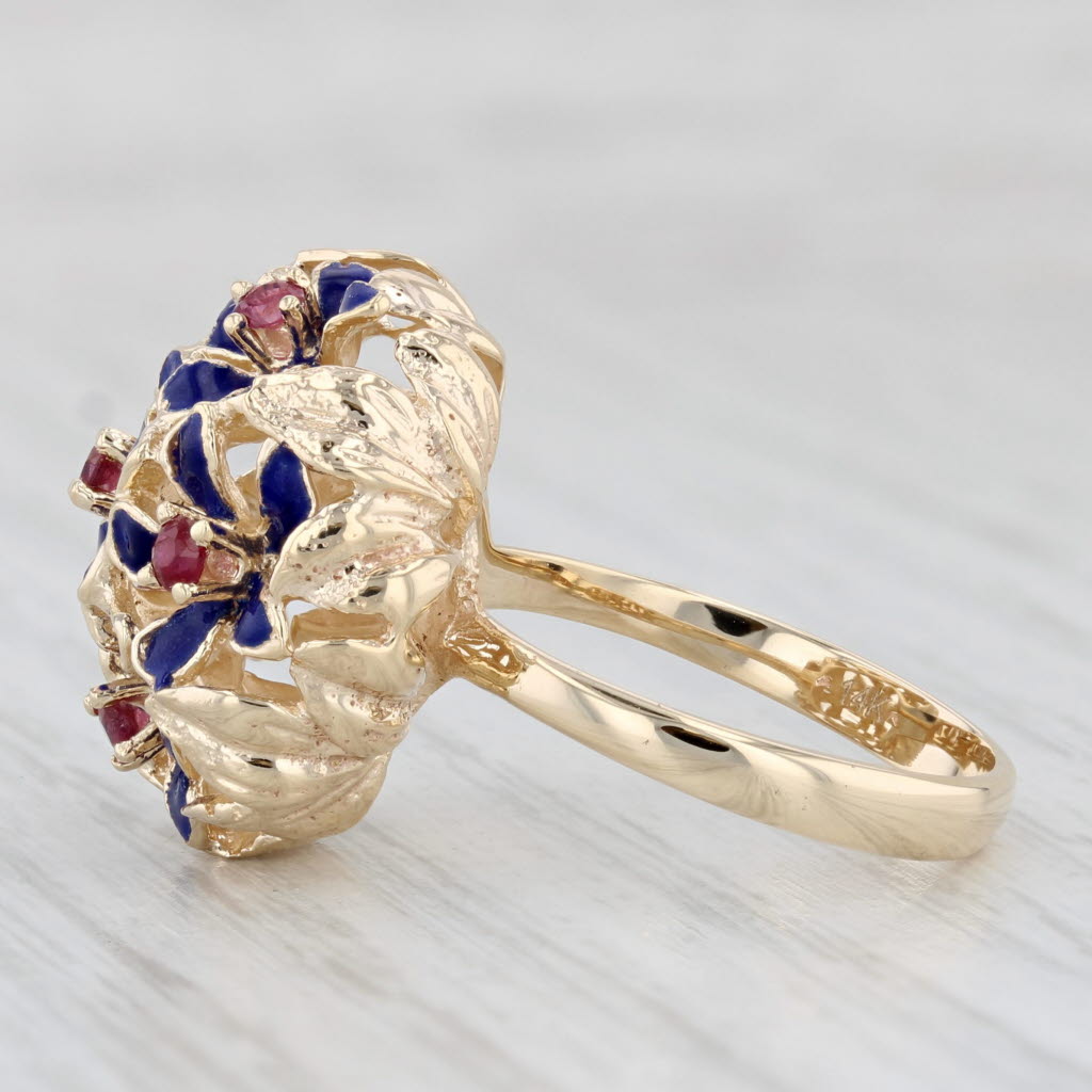 Light Gray 0.24ctw Ruby Blue Flower Cluster Ring 14k Yellow Gold Enamel Size 6.5