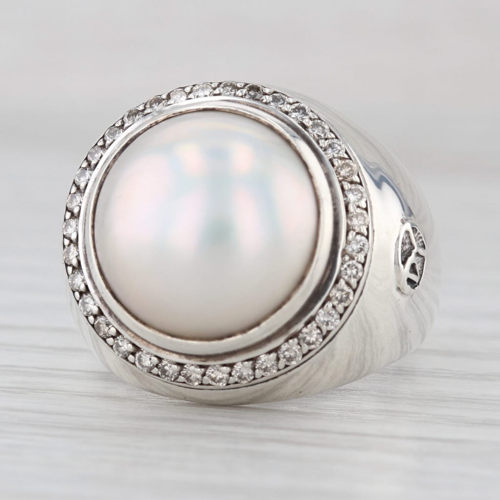 David Yurman Cultured Mabe Pearl Diamond Halo Ring Sterling Silver Size 9