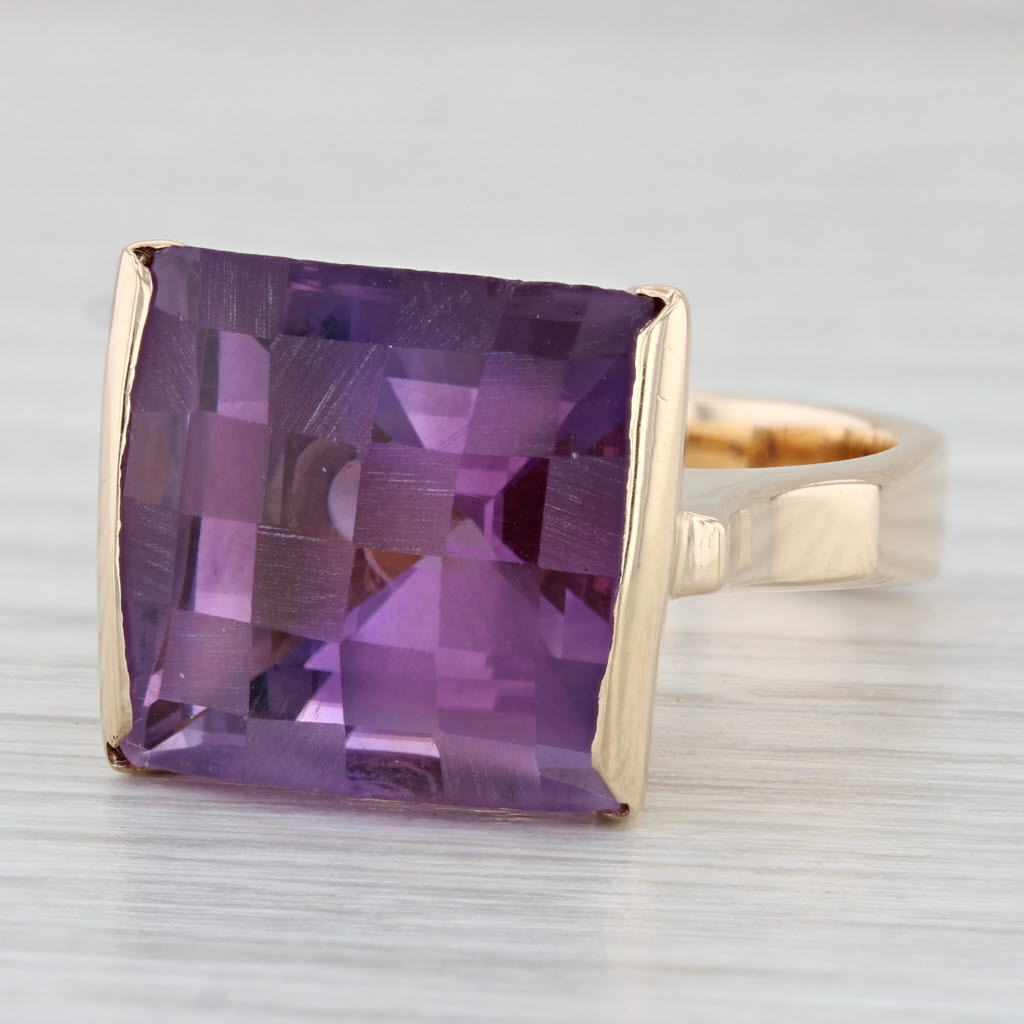 Light Gray 15.50ct Checkerboard Amethyst Ring 14k Yellow Gold Size 7.25-7.5 Cocktail