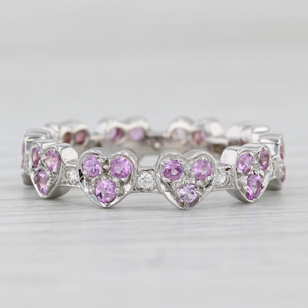 Light Gray 1ctw Pink Sapphire Diamond Hearts Eternity Ring 18k White Gold Stackable Band