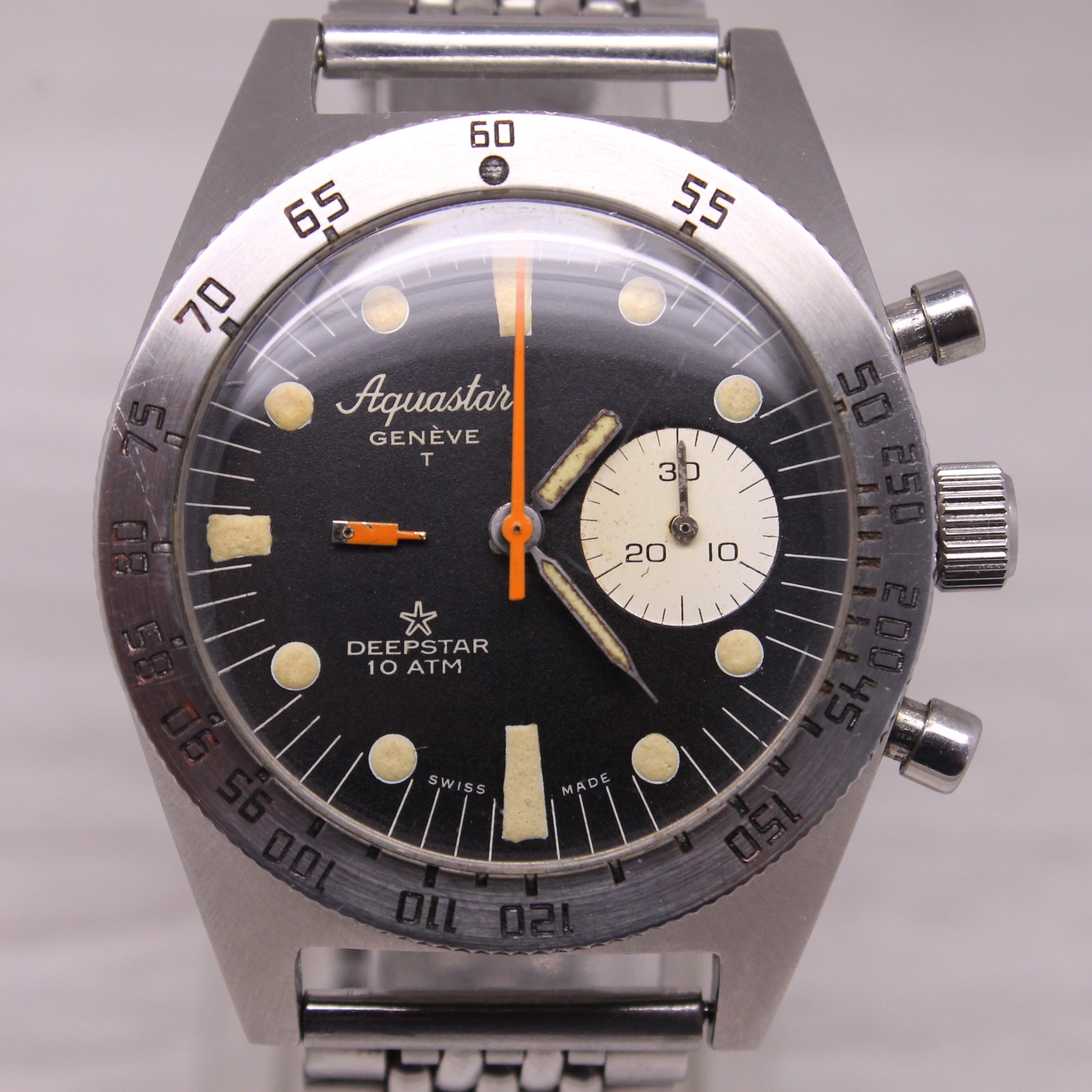 Vintage c.1970 Aquastar Deepstar Mens 38mm Steel Chronograph Watch Valjoux 92