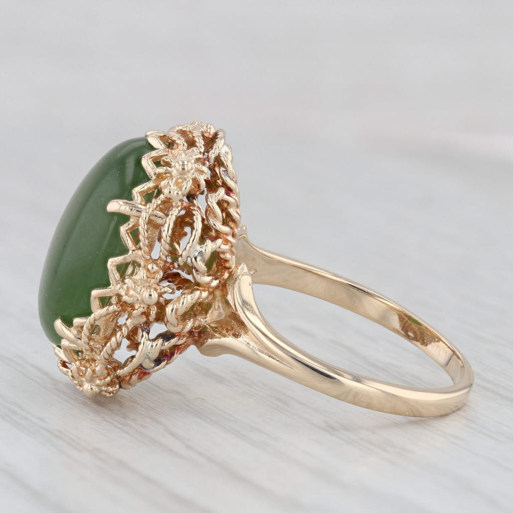 Light Gray Green Nephrite Jade Ring 14k Yellow Gold Oval Cabochon Size 7.5 Ornate Filigree