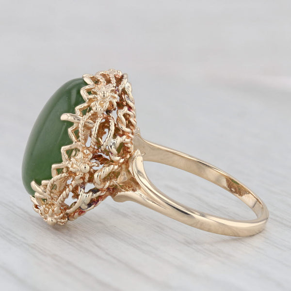 Green Nephrite Jade Ring 14k Yellow Gold Oval Cabochon Size 7.5 Ornate Filigree