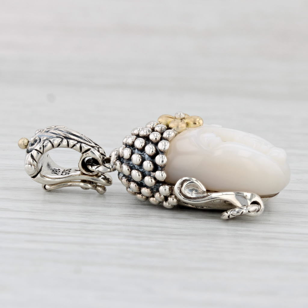 Light Gray Carved Mother Pearl Buddha Head Pendant Sterling Silver 18k Gold Barbara Bixby