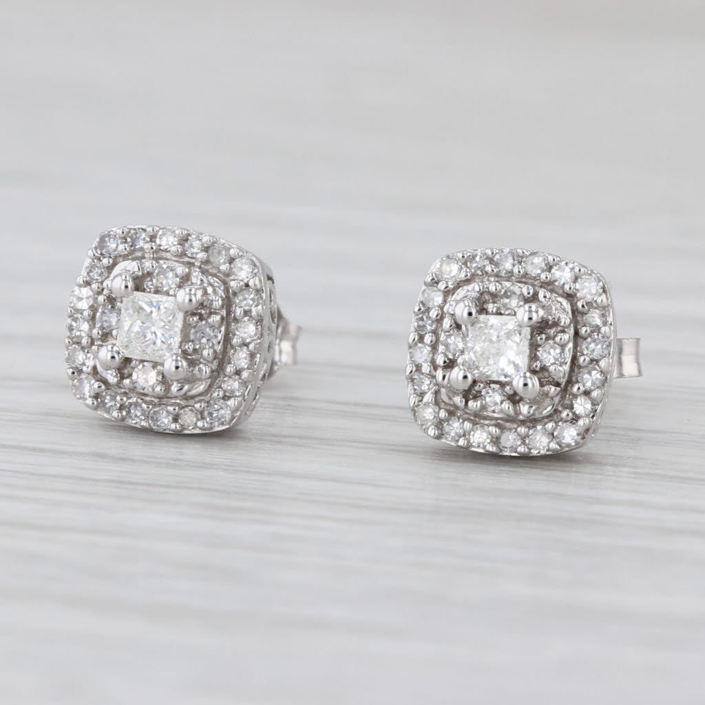 0.60ctw Princess Halo Diamond Stud Earrings 14k White Gold Studs