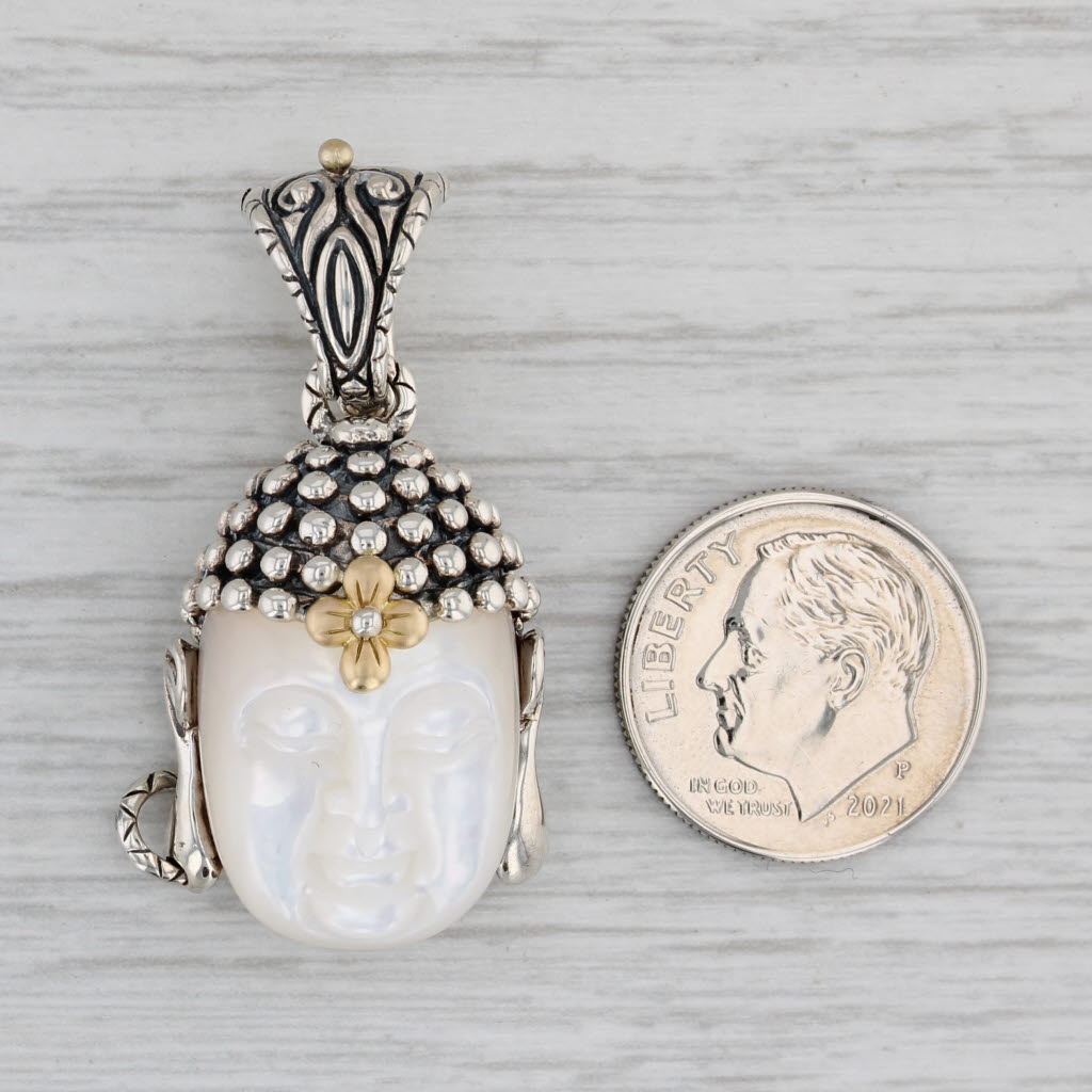 Gray Carved Mother Pearl Buddha Head Pendant Sterling Silver 18k Gold Barbara Bixby