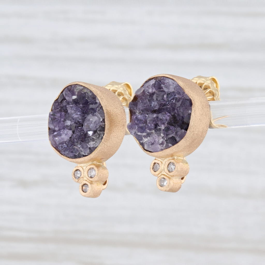 New Nina Wynn Amethyst Druzy Diamond Earrings 18k Yellow Gold Studs