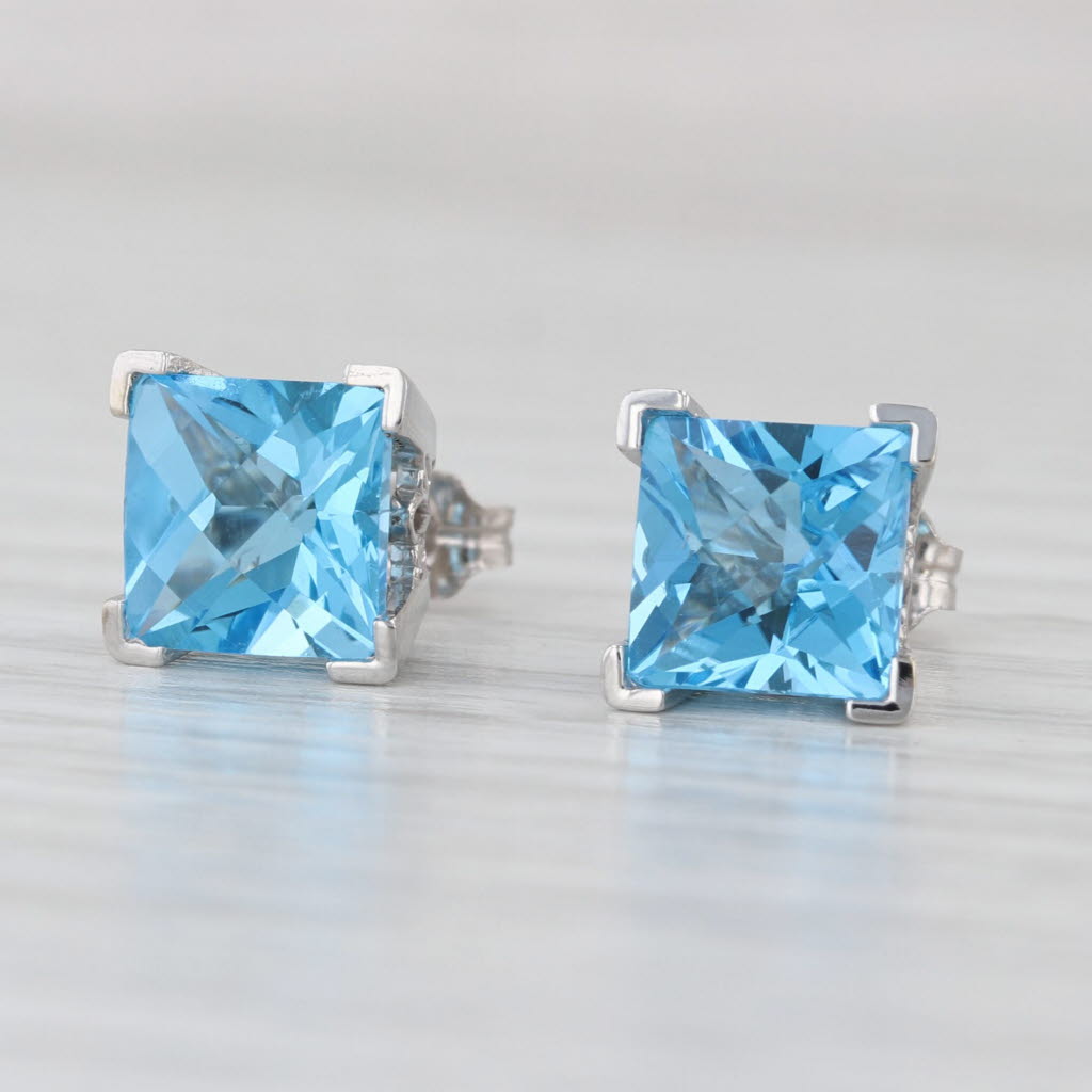 4ctw Square Blue Topaz Stud Earrings 14k White Gold Studs