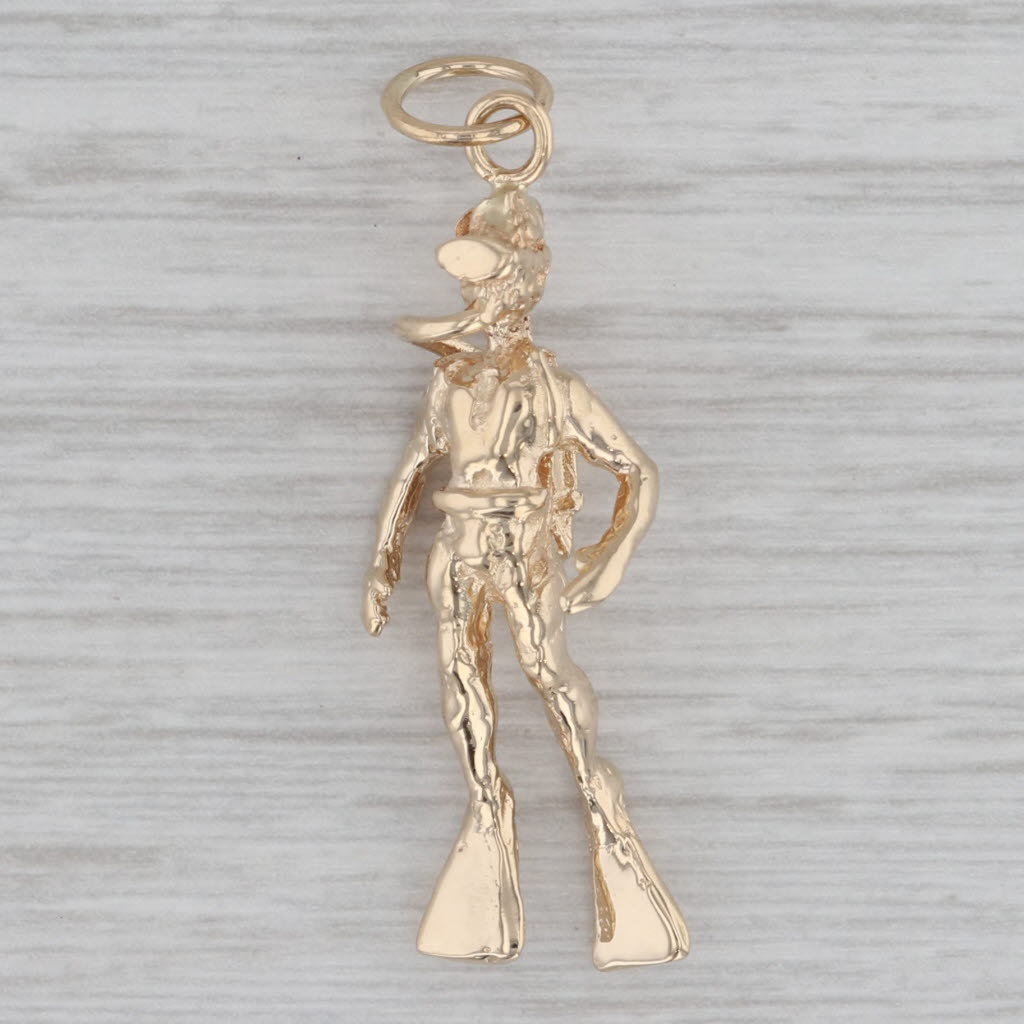 Gray Scuba Diver Charm 14k Yellow Gold 3D Pendant