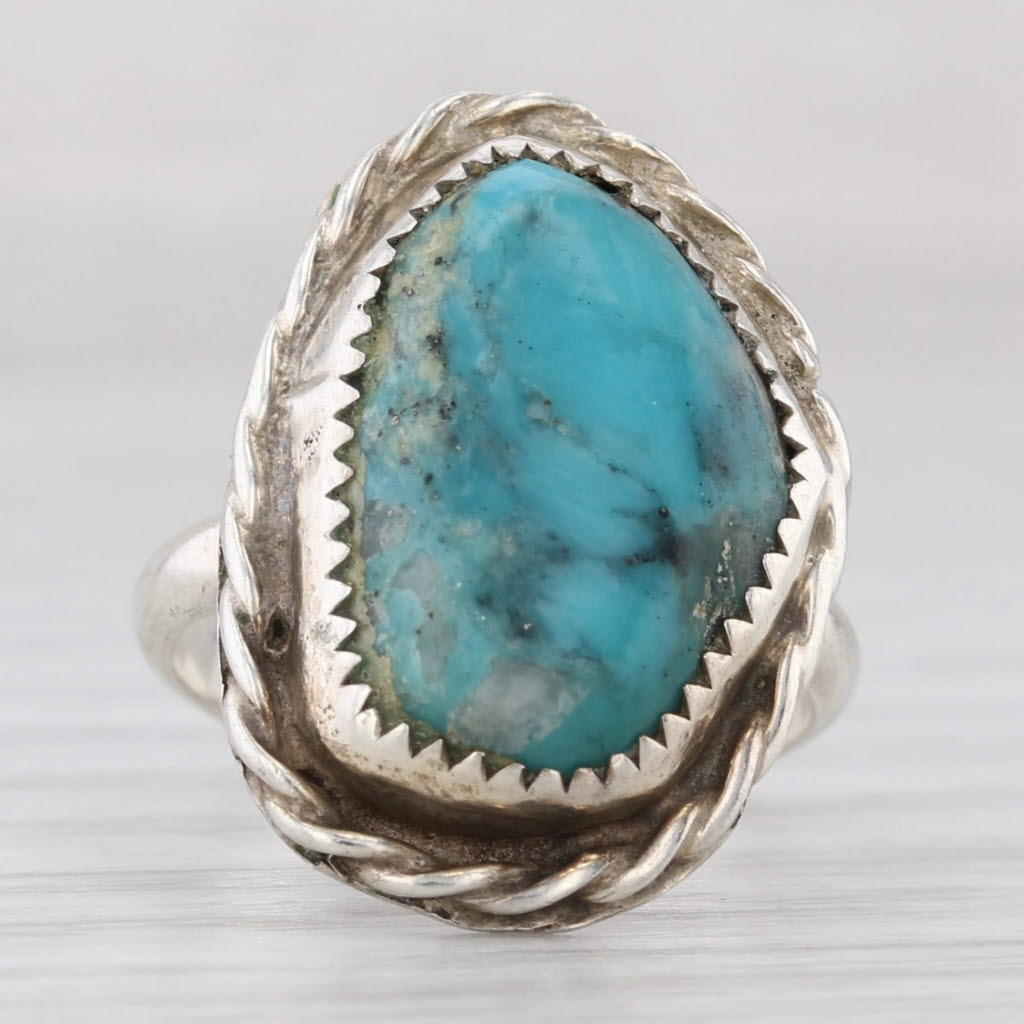 Turquoise Cabochon Ring Sterling Silver Vintage Native American Signed Sz 4.75