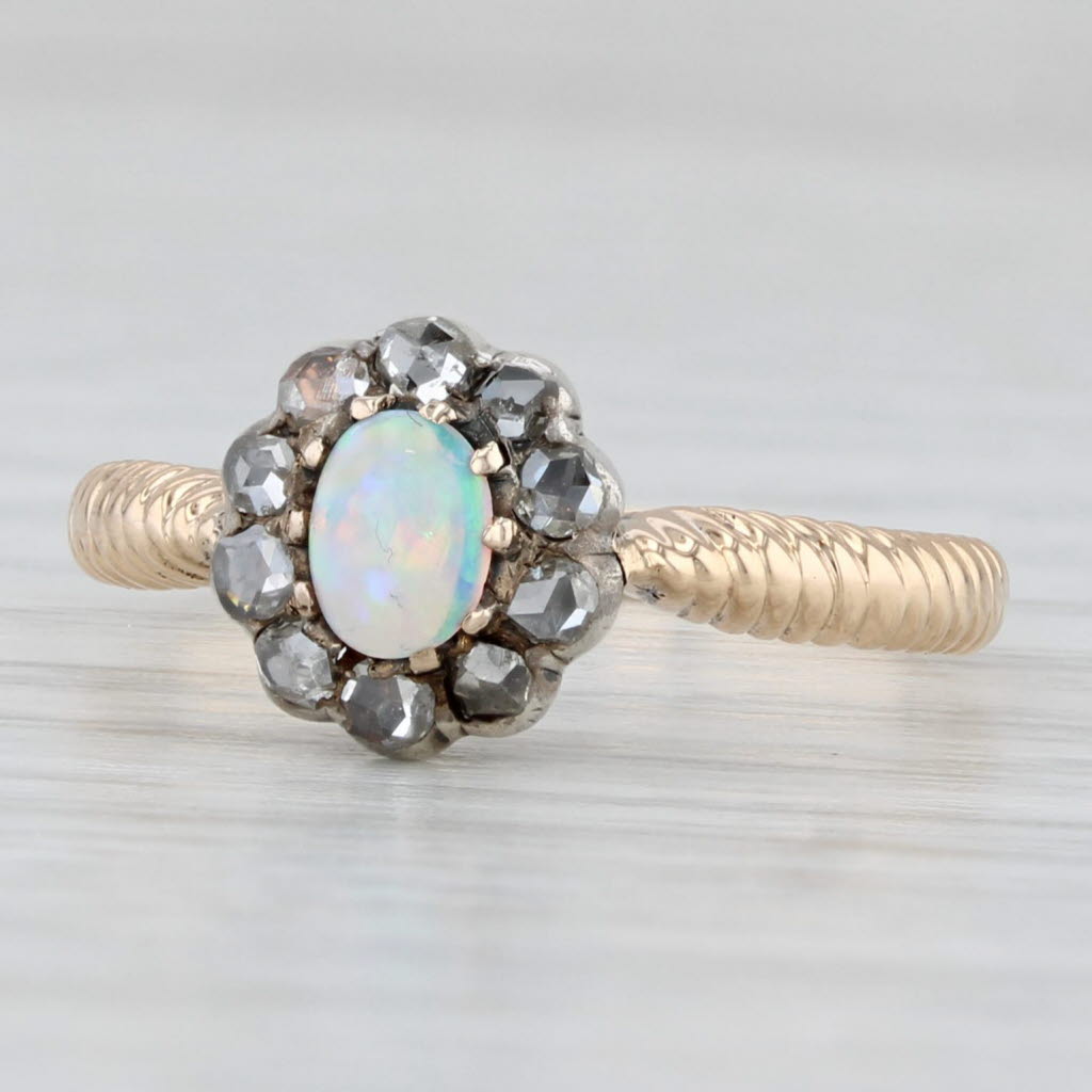 Light Gray Antique Opal Diamond Halo Ring 14k Yellow Gold Silver Top Size 6