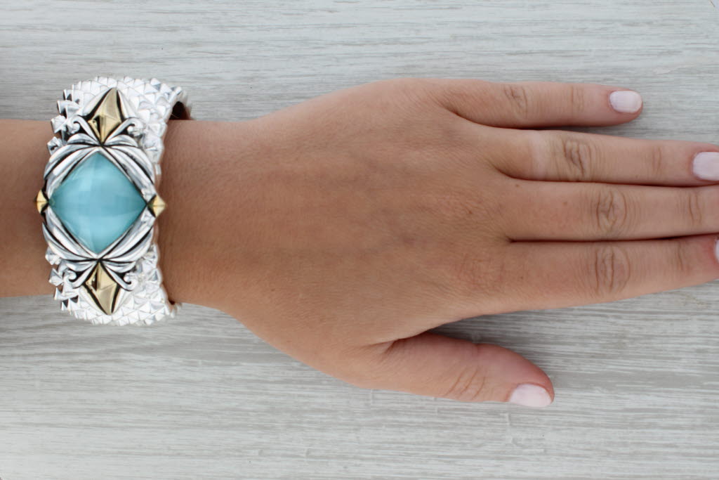 Dark Gray Mother of Pearl Quartz Studded Cuff Bracelet Sterling Silver Stephen Webster