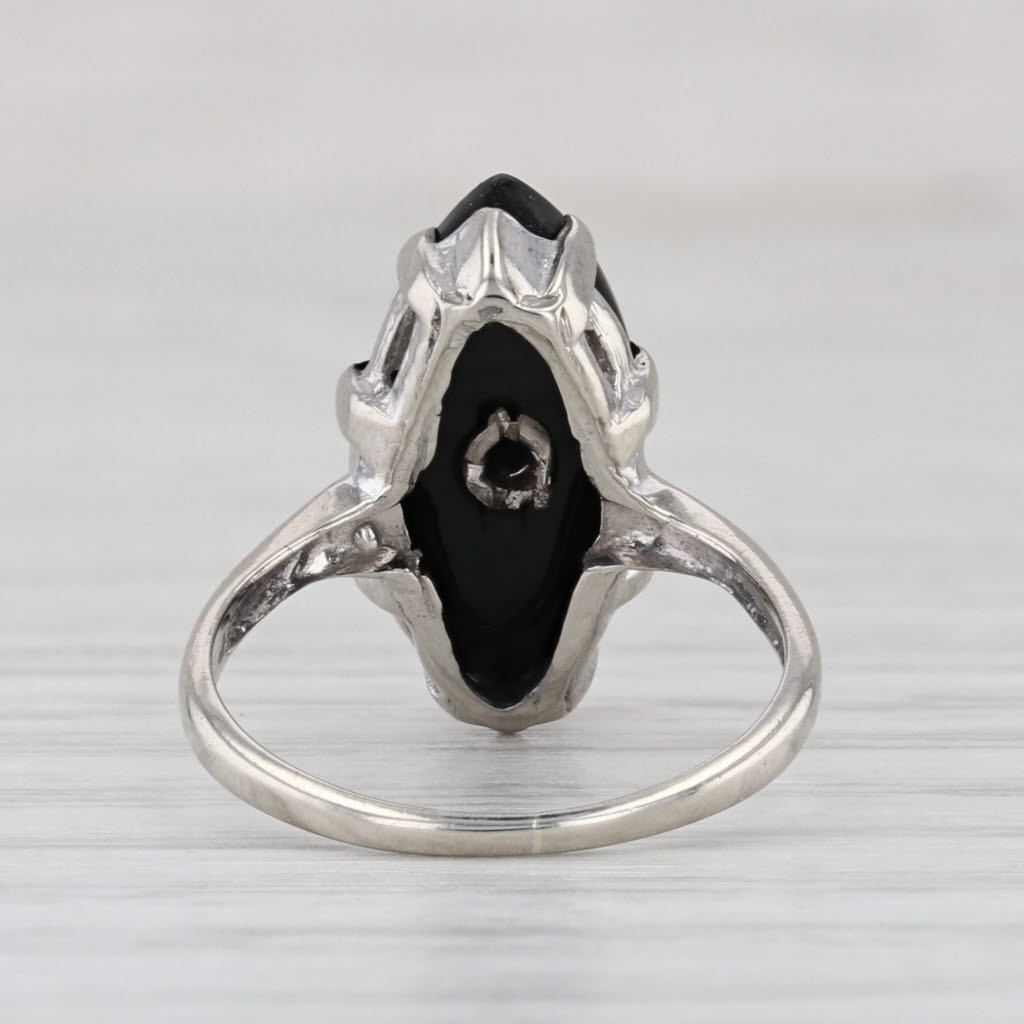 Vintage Onyx Diamond Signet Ring 10k White Gold Size 3