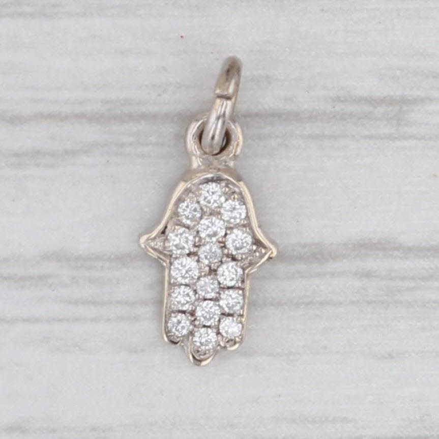 Light Gray 0.15ctw Small Hamsa Hand Charm 14k White Gold Pendant Good Luck Talisman