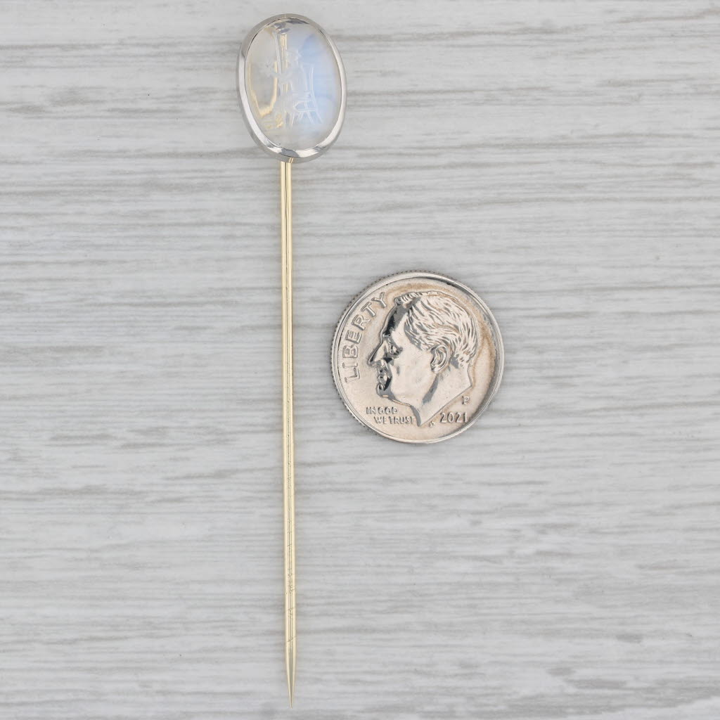 Gray Antique Blue Flash Moonstone Stickpin 14k Gold Platinum Hand Carved Figural