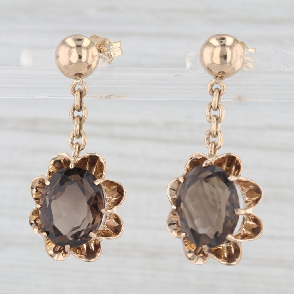 Light Gray 5ctw Smoky Quartz Dangle Flower Earrings 14k Yellow Gold Belcher Setting Drops