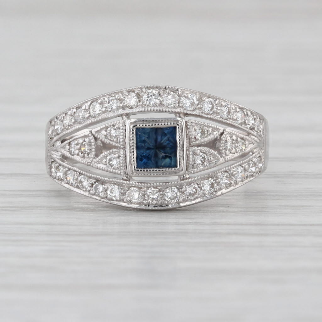 0.46ctw Blue Sapphire Diamond Ring Bridal Engagement 18k White Gold Size 6.75