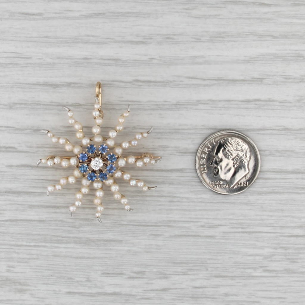 Vintage Pearl Sapphire Diamond Sun Brooch Convertiable Pendant 14k Gold Pin