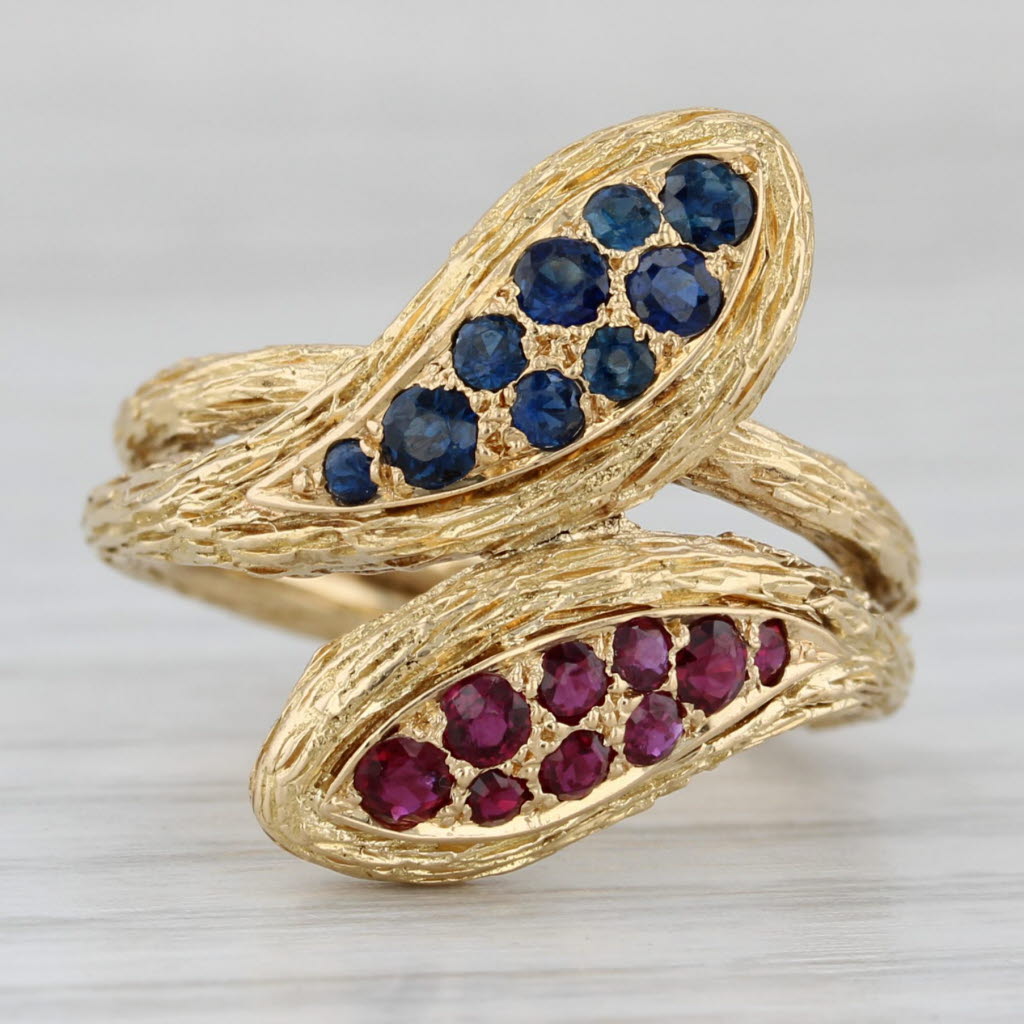 Gray 0.87ctw Blue Sapphire Red Ruby Coiled Snake Bypass Ring 18k Yellow Gold Itay