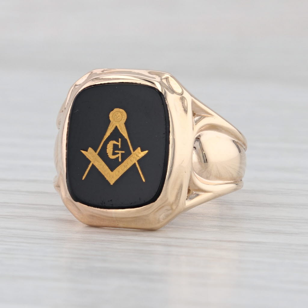 Vintage Onyx Masonic Signet Ring 14k Gold Size 8.75 Blue Lodge Square Compass