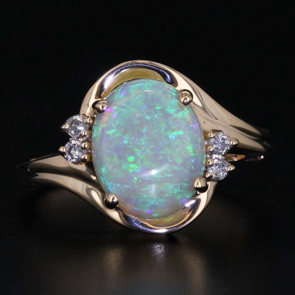 Dark Gray Oval Cabochon Opal Diamond Ring 14k Yellow Gold Size 6.25