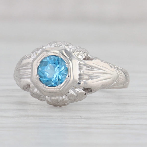 Light Gray 0.80ct Blue Topaz Round Solitaire Ring 18k White Gold Size 7.25 Floral