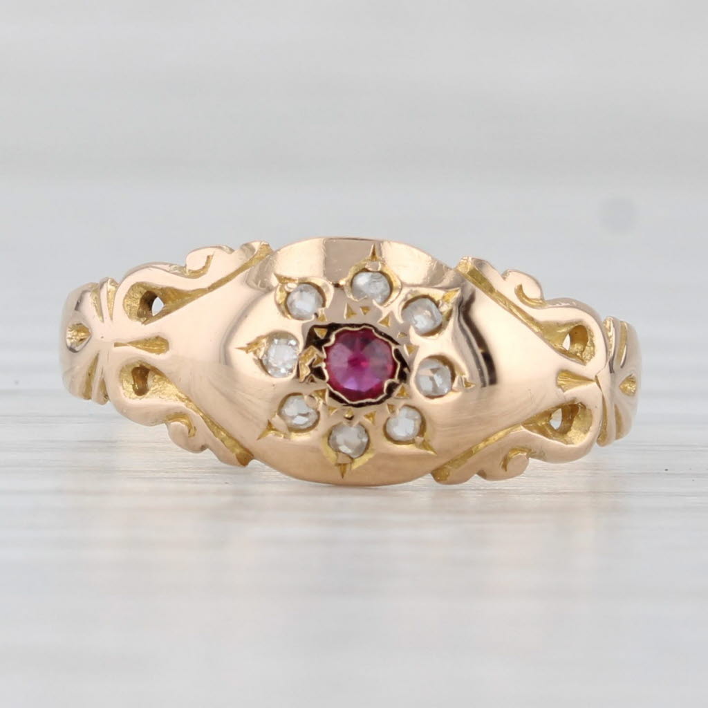 Light Gray Antique Ruby Diamond Flower Ring 12k Yellow Gold Size 8