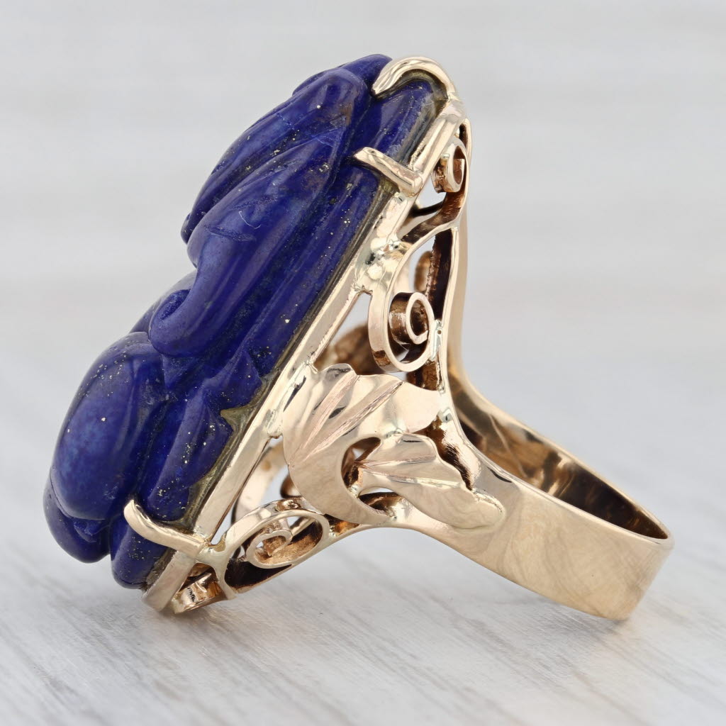 Light Gray Figural Carved Lapis Lazuli Ring 14k Gold Thai Fire god Asian deity Size 7.5