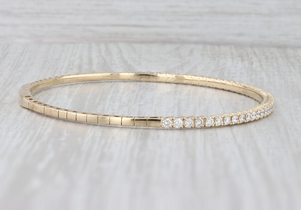 Light Gray New 1.02ctw Diamond Bead Flexible Bangle Tennis Bracelet 14k Yellow Gold 6.75"