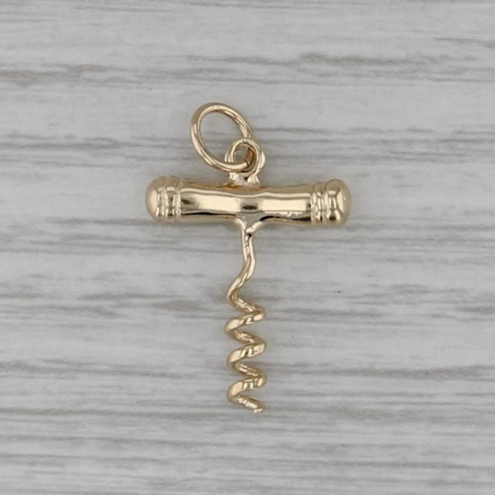 Cork Screw Charm 14k Yellow Gold 3D Pendant