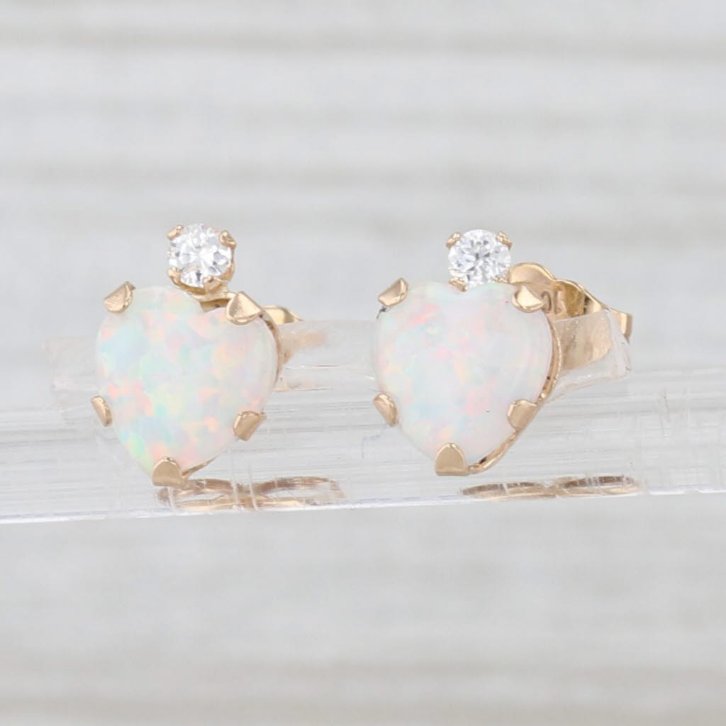 Light Gray Lab Created Opal Cubic Zirconia Heart Stud Earrings 10k Yellow Gold