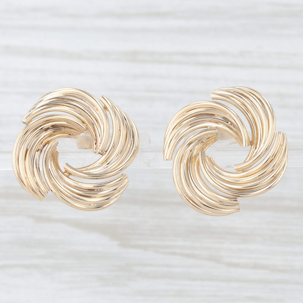 Light Gray Swirl Button Stud Earrings 14k Yellow Gold Butterfly Backs