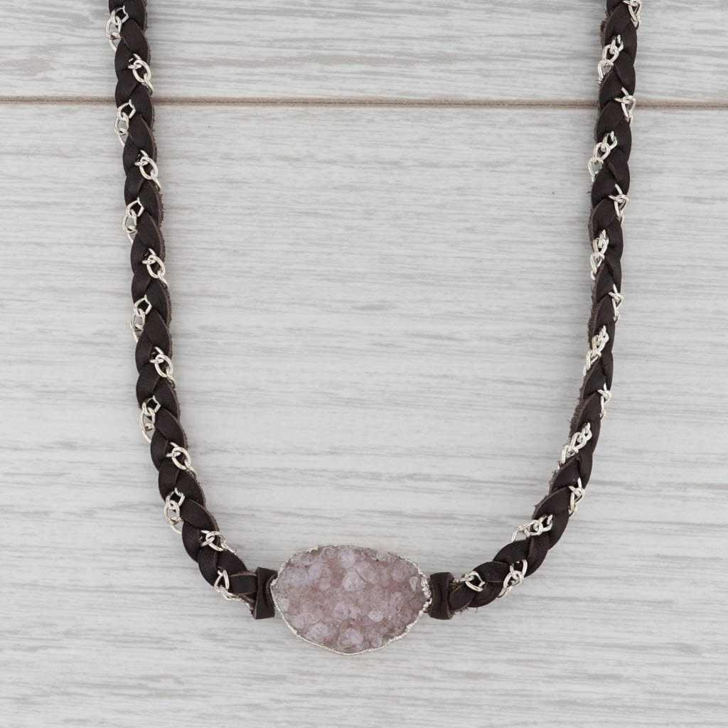 New Nina Wynn Cordelia Necklace Woven Dark Brown Leather Tags Druzy Quartz
