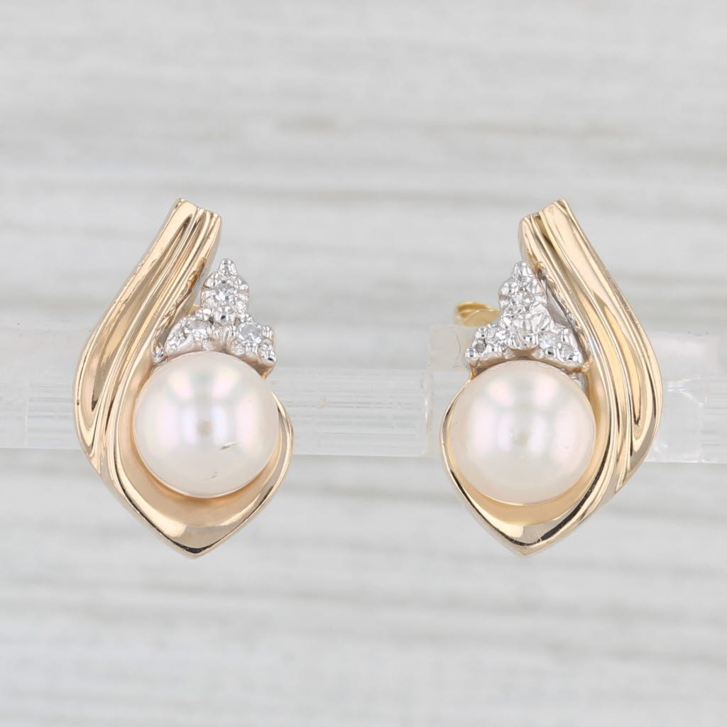 Light Gray Cultured Pearl Diamond Stud Earrings 14k Yellow Gold
