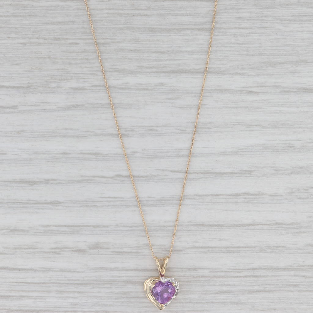 0.58ct Amethyst Heart Pendant Necklace 10k Yellow Gold 19" Rope Chain Diamonds