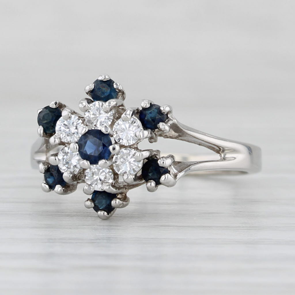 Light Gray 0.72ctw Blue Sapphire Diamond Flower Cluster Ring 14k White Gold Size 7