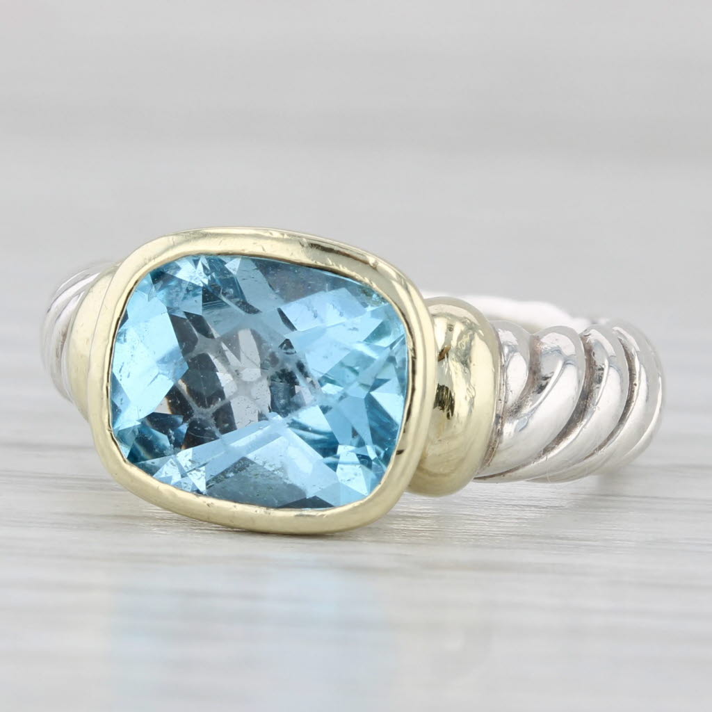 Light Gray 3.25ct Blue Topaz Cable Ring Sterling Silver 14k Gold Size 6.5 David Yurman