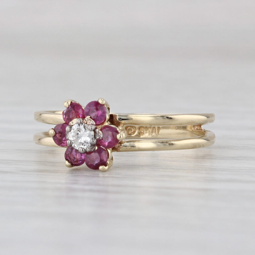 0.39ctw Ruby Diamond Flower Ring 14k Yellow Gold Size 5.75