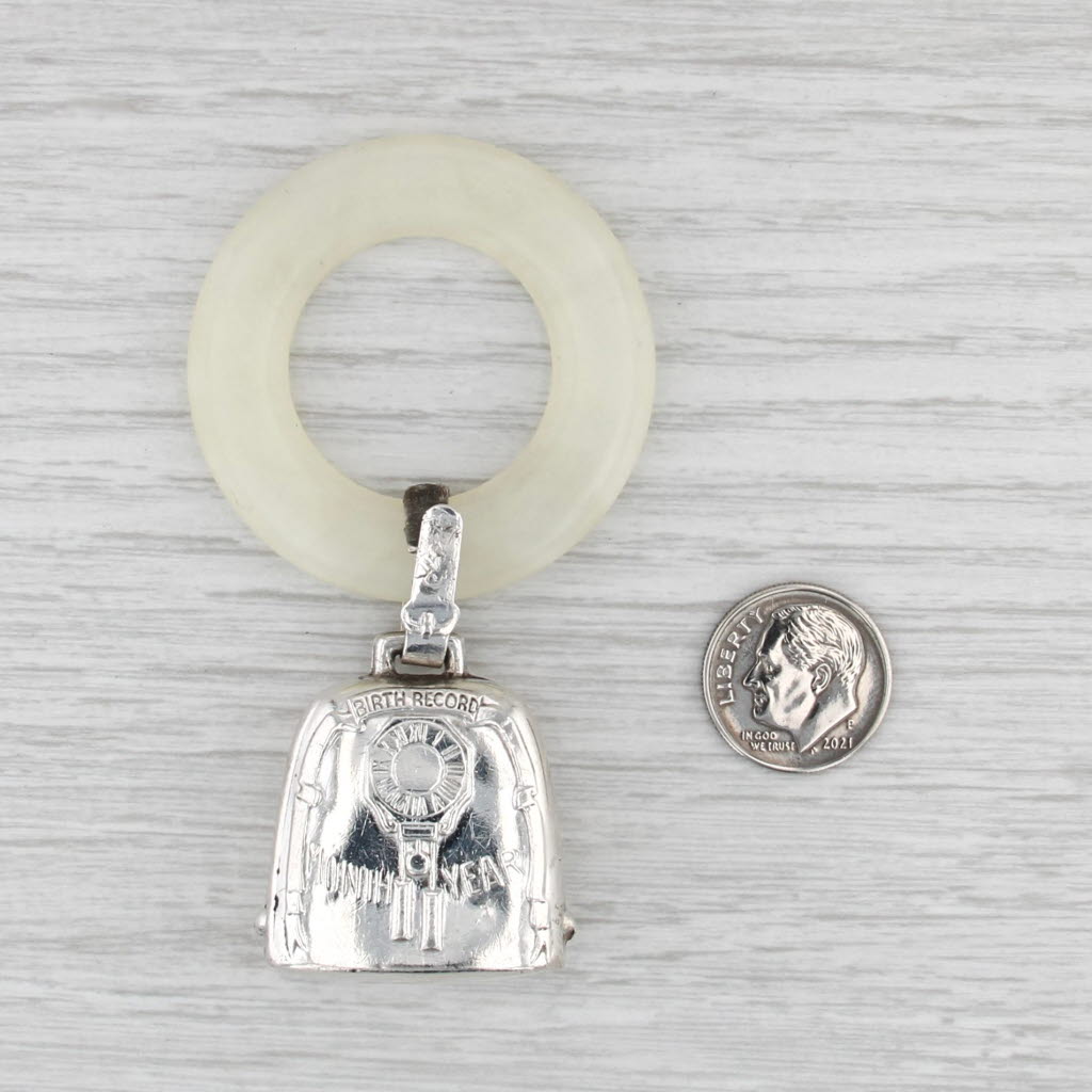 Antique Baby Teething Ring Bell Sterling Silver Resin Birth Record Engravable