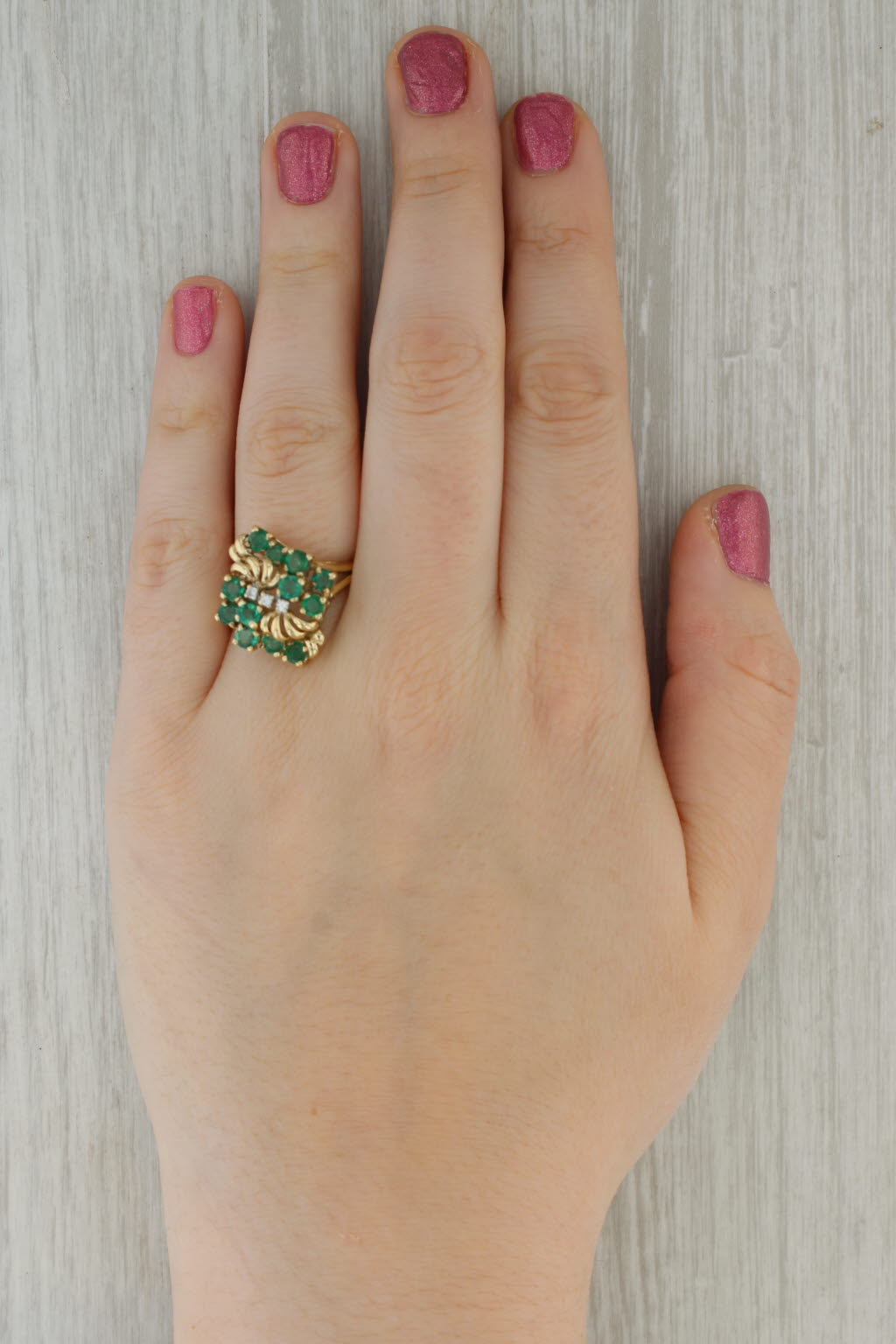 Rosy Brown 1.25ctw Emerald Diamond Cluster Flower Ring 14k Yellow Gold Size 12.75