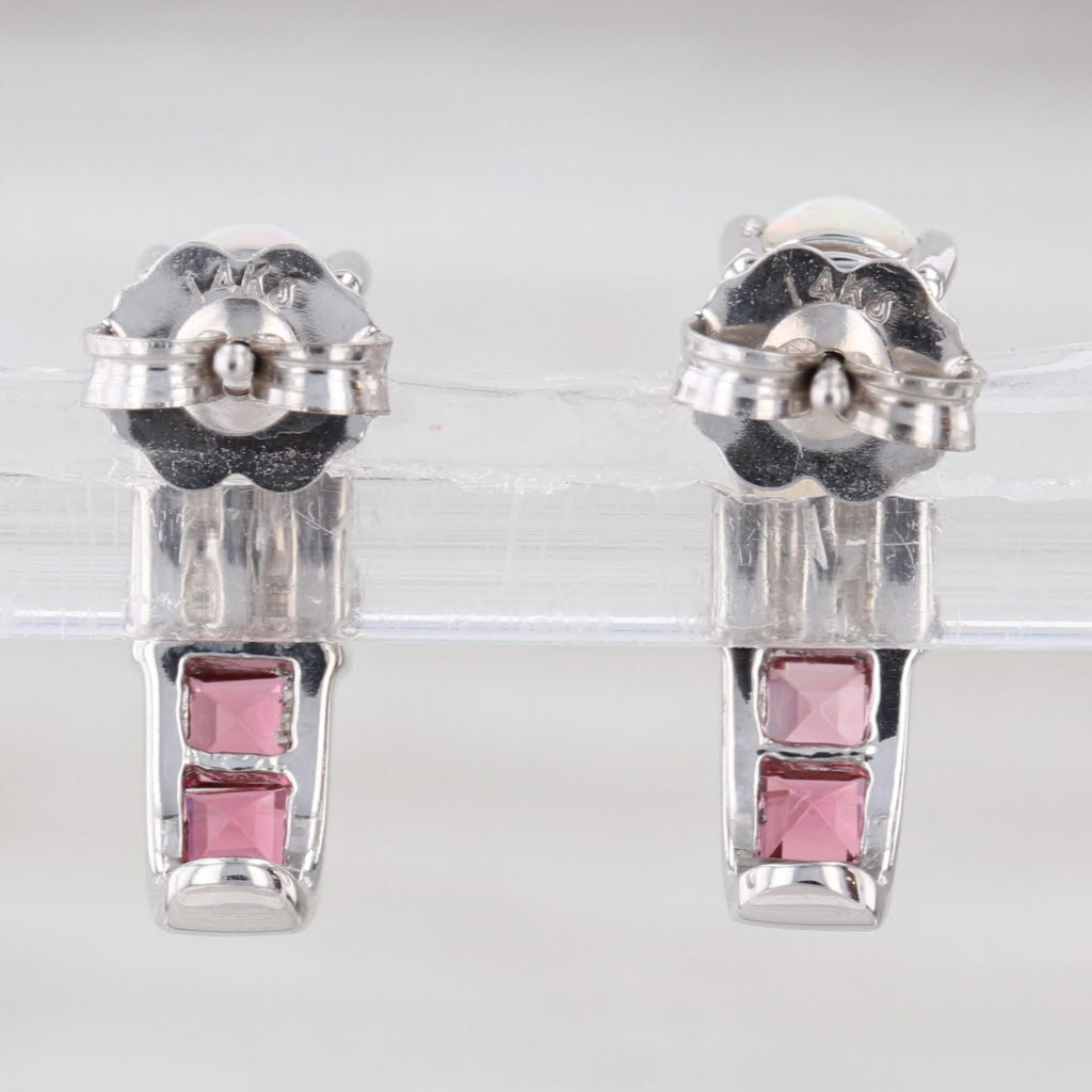 0.42ctw Opal Garnet Diamond J-Hook Earrings 14k White Gold Studs