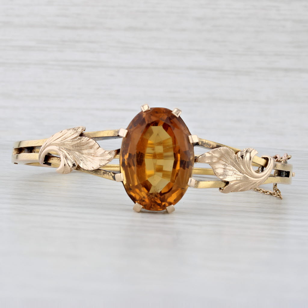 Light Gray 13.60ct Citrine Floral Antique Bangle Bracelet 18k Yellow Gold 6.25"