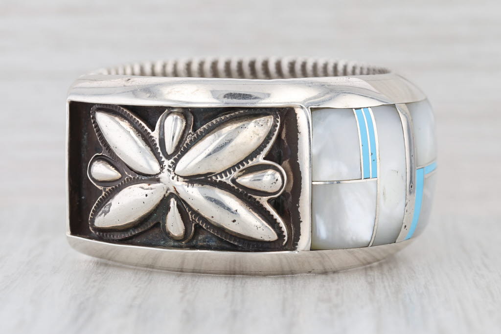 Chris Billie Stone Mosaic Cuff Bracelet Sterling Silver Navajo Native American