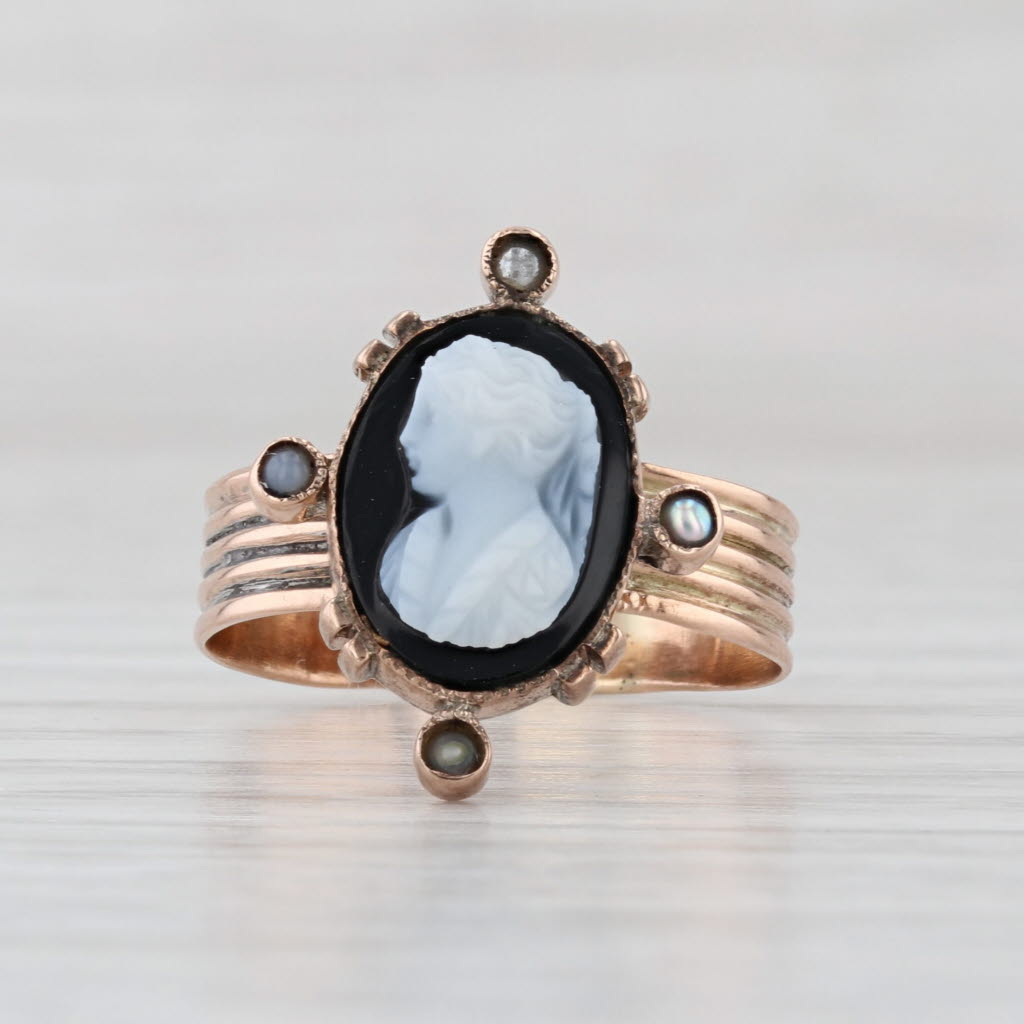 Antique Chalcedony Cameo Signet Ring 9k Yellow Gold Imitation Pearls Size 6.75