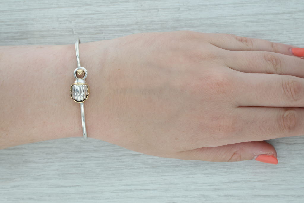 Dark Gray Tiffany Scarab Bangle Bracelet w/ Pouch Box Sterling Silver 18k Gold 7"